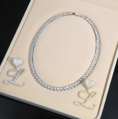 VVS Jewelry Iced Cursive Heart Initial Pendant Tennis Necklace