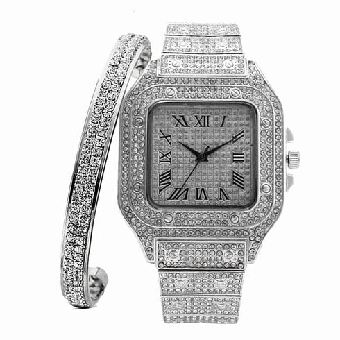 Fully Iced Roman Square Bezel Watch + FREE Iced Bangle