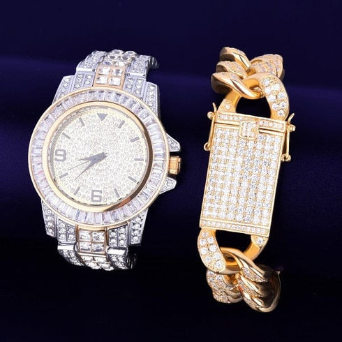 40mm Dial Iced Baguette Military Watch with Cuban Bracelet Bundle