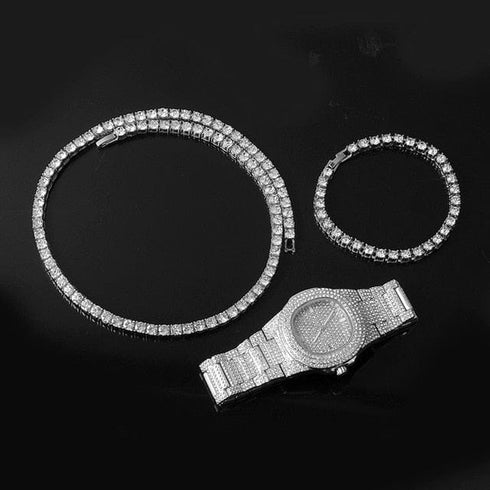 Gold/Silver 5mm Micro Pave Tennis Chain + Tennis Bracelet + FREE Watch Bundle