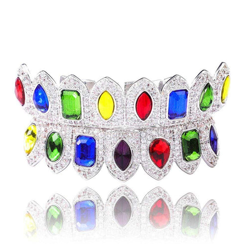 Multi Colored Stone Paved Iced Out Fangs Grillz