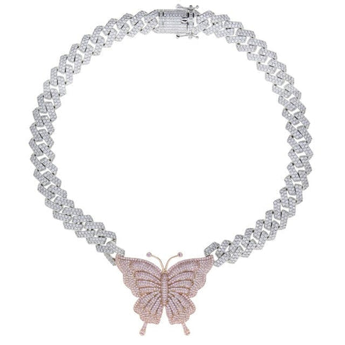 VVS Jewelry Pink Silver Butterfly Miami Cuban Choker