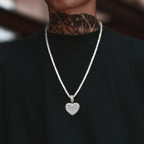 Fully Iced Custom Heart Baguette Photo Pendant Necklace