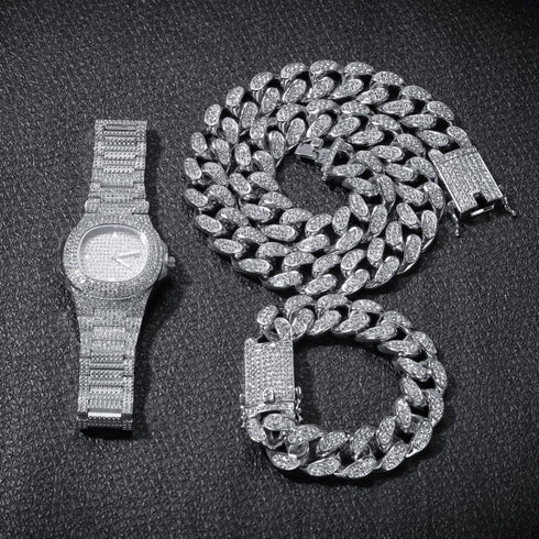 VVS Jewelry Cuban Chain & Cuban Bracelet + Free OG Bust Down Watch