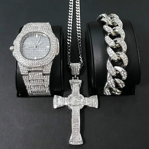 Gold/Silver Crucifix Necklace + Bracelet + OG Bust Down Watch Set