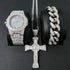 Gold/Silver Crucifix Necklace + Bracelet + OG Bust Down Watch Set