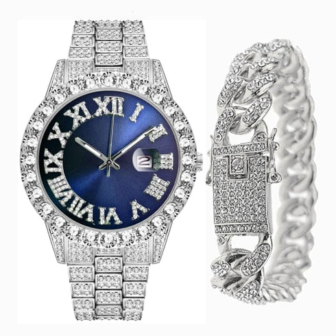 Fully Iced Bling Watch + Cuban Bracelet Bundle