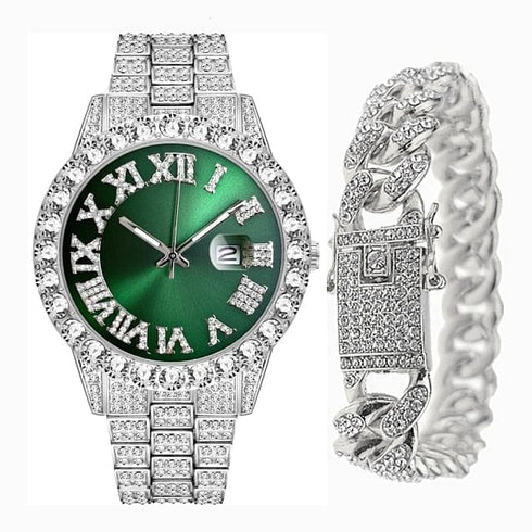 Fully Iced Bling Watch + Cuban Bracelet Bundle