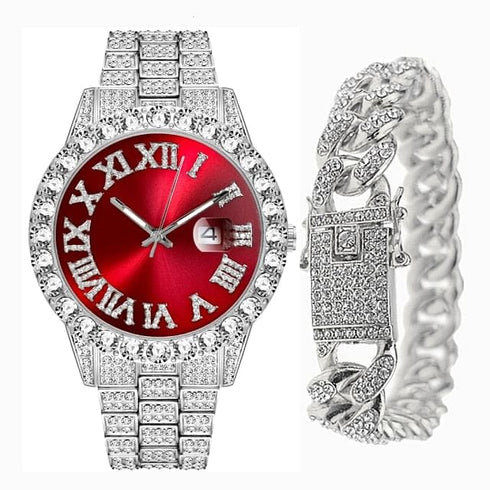 Fully Iced Bling Watch + Cuban Bracelet Bundle