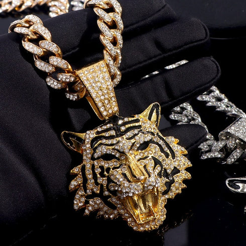 Bling Tiger Pendant Cuban Chain Necklace