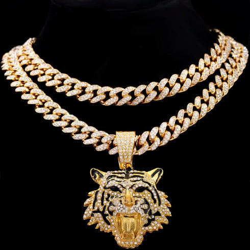 Bling Tiger Pendant Cuban Chain Necklace