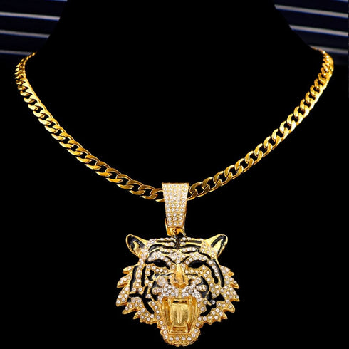 Bling Tiger Pendant Cuban Chain Necklace