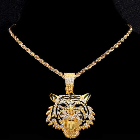 Bling Tiger Pendant Cuban Chain Necklace
