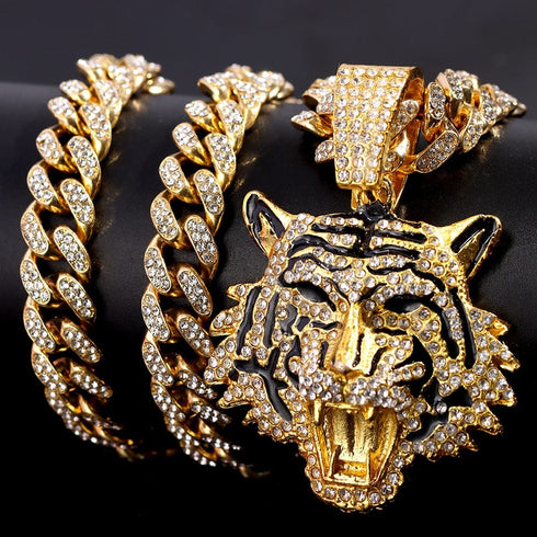 Bling Tiger Pendant Cuban Chain Necklace