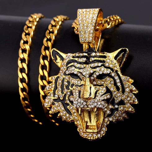 Bling Tiger Pendant Cuban Chain Necklace