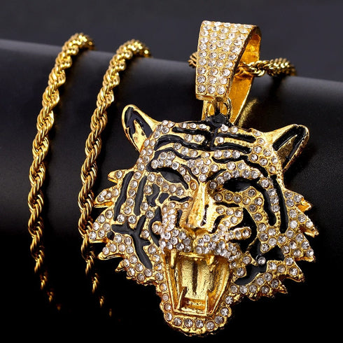 Bling Tiger Pendant Cuban Chain Necklace