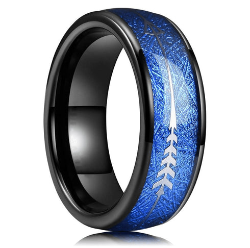 Tungsten Carbide 8MM Black Ring Blue Meteorite Inlaid Arrow Wedding Jewelry