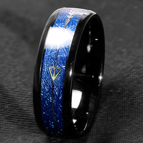 Tungsten Carbide 8MM Black Ring Blue Meteorite Inlaid Arrow Wedding Jewelry