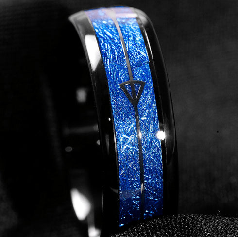 Tungsten Carbide 8MM Black Ring Blue Meteorite Inlaid Arrow Wedding Jewelry