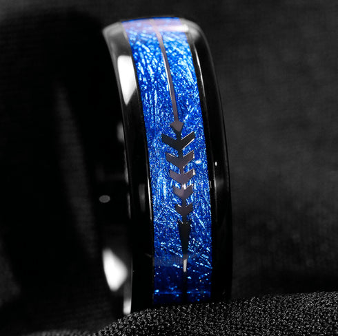 Tungsten Carbide 8MM Black Ring Blue Meteorite Inlaid Arrow Wedding Jewelry