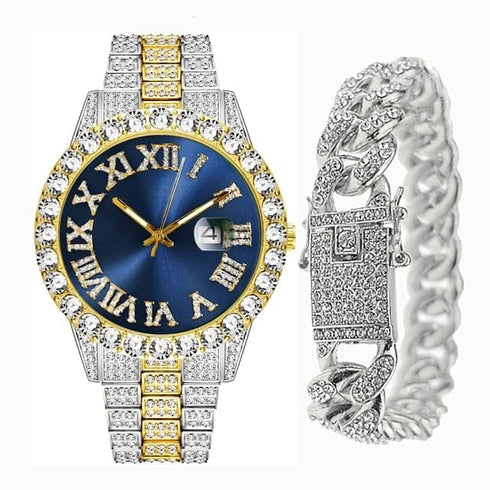 Fully Iced Bling Watch + Cuban Bracelet Bundle