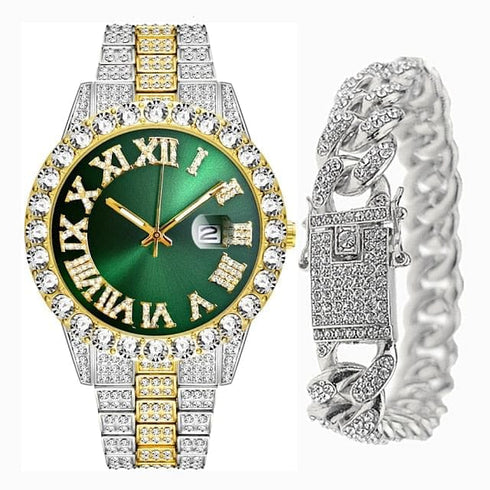 Fully Iced Bling Watch + Cuban Bracelet Bundle