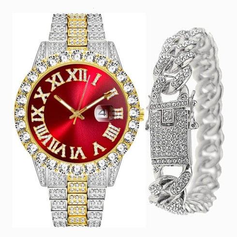 Fully Iced Bling Watch + Cuban Bracelet Bundle