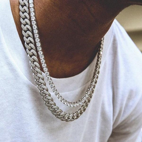 VVS Jewelry 18K Gold Prong Cuban Chain + Tennis Chain Bundle