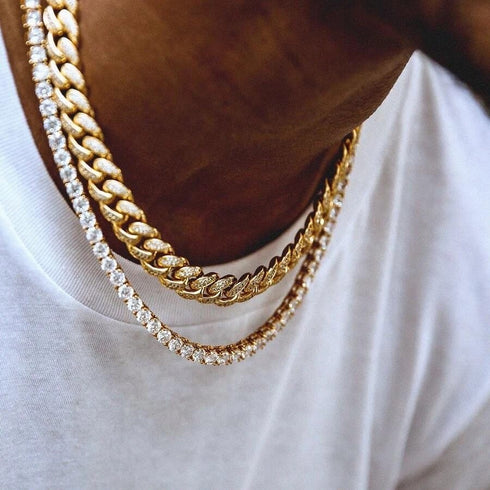 VVS Jewelry 18K Gold Prong Cuban Chain + Tennis Chain Bundle