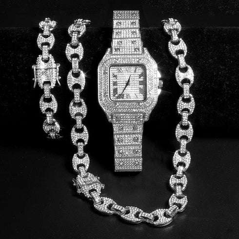 VVS Jewelry Coffee Bean Chain and Bracelet Bundle + FREE Square Roman Watch