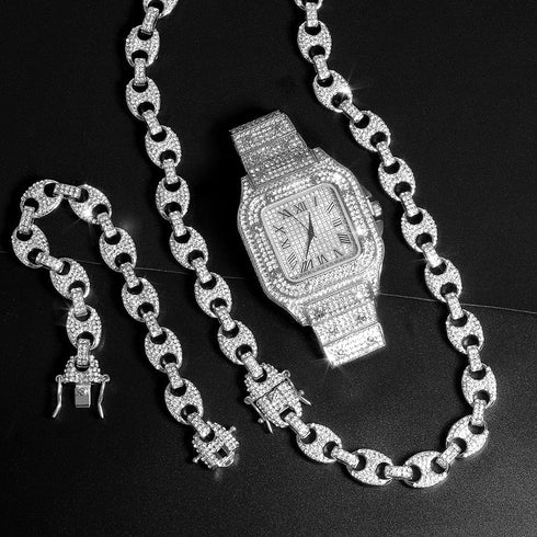 VVS Jewelry Coffee Bean Chain and Bracelet Bundle + FREE Square Roman Watch