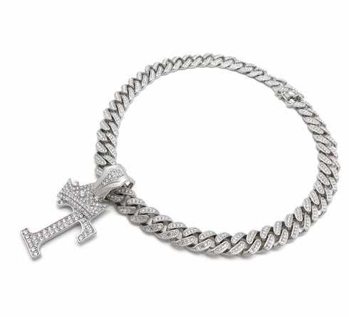 VVS Jewelry Silver Crowned Initial Cuban Pendant Chain