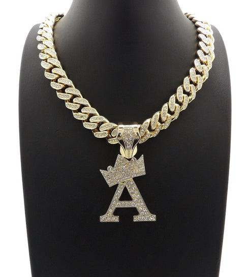 VVS Jewelry Gold Crowned Initial Cuban Pendant Chain