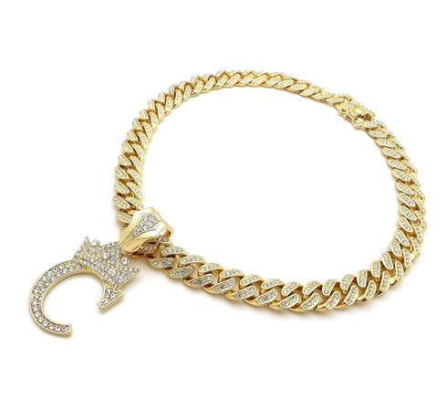 VVS Jewelry Gold Crowned Initial Cuban Pendant Chain