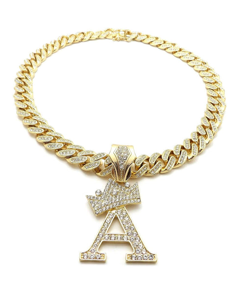 VVS Jewelry Gold Crowned Initial Cuban Pendant Chain