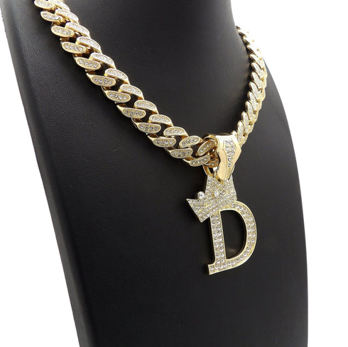 VVS Jewelry Gold Crowned Initial Cuban Pendant Chain