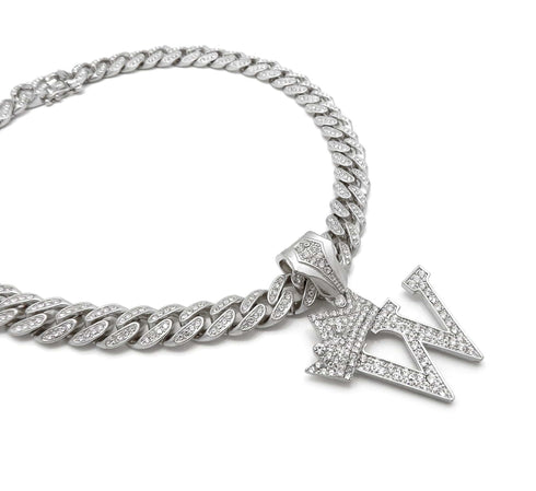 VVS Jewelry Silver Crowned Initial Cuban Pendant Chain