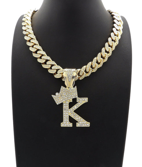 VVS Jewelry Gold Crowned Initial Cuban Pendant Chain