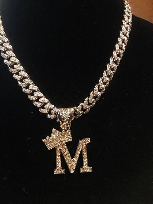 VVS Jewelry Gold Crowned Initial Cuban Pendant Chain