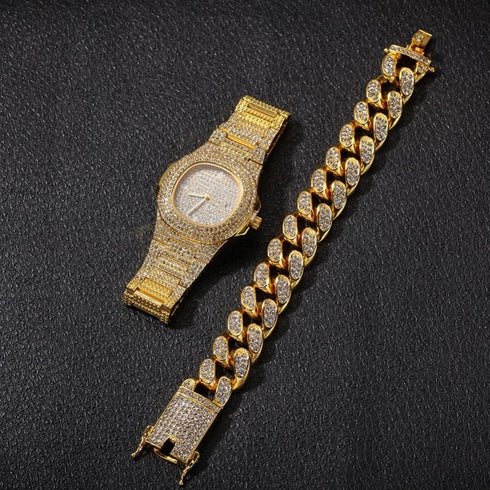 VVS Jewelry Cuban Chain & Cuban Bracelet + Free OG Bust Down Watch