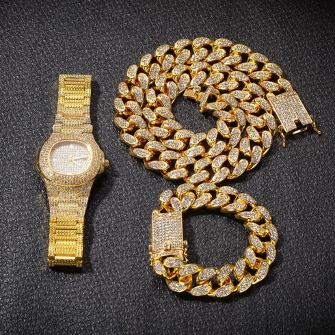 VVS Jewelry Cuban Chain & Cuban Bracelet + Free OG Bust Down Watch