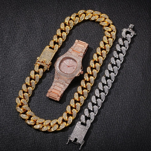 VVS Jewelry Cuban Chain & Cuban Bracelet + Free OG Bust Down Watch