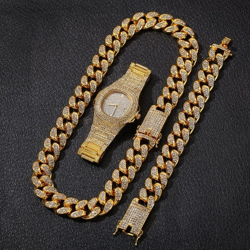 VVS Jewelry Cuban Chain & Cuban Bracelet + Free OG Bust Down Watch