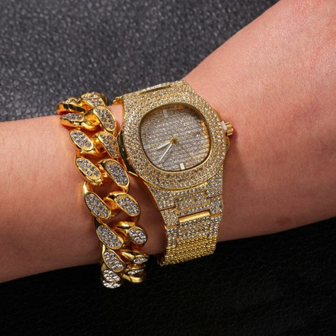VVS Jewelry Cuban Chain & Cuban Bracelet + Free OG Bust Down Watch