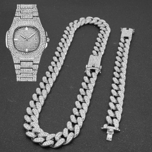 VVS Jewelry Cuban Chain & Cuban Bracelet + Free OG Bust Down Watch