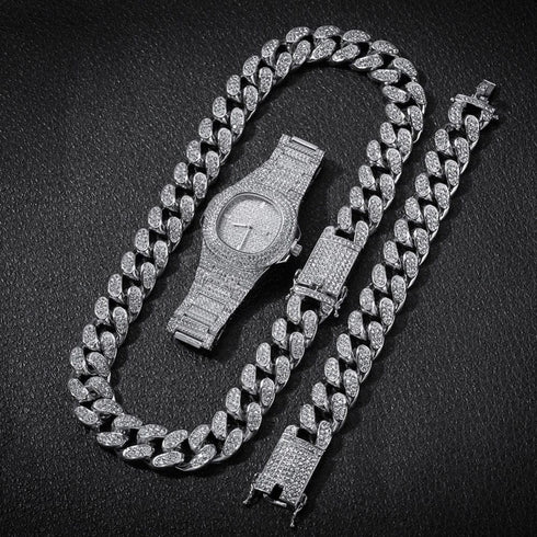 VVS Jewelry Cuban Chain & Cuban Bracelet + Free OG Bust Down Watch