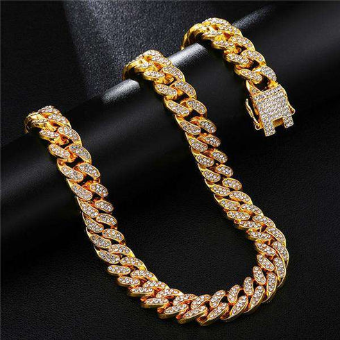 18k Gold/Silver Cuban Link Chain Set – Iced Out Necklace & FREE Bracelet