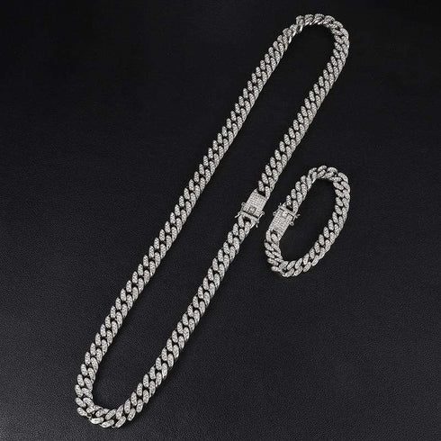 18k Gold/Silver Cuban Link Chain Set – Iced Out Necklace & FREE Bracelet
