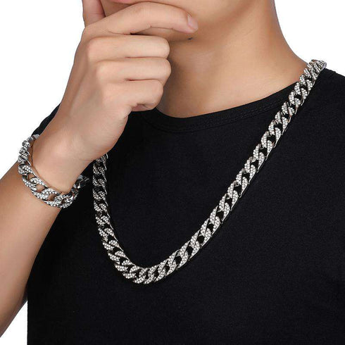 18k Gold/Silver Cuban Link Chain Set – Iced Out Necklace & FREE Bracelet