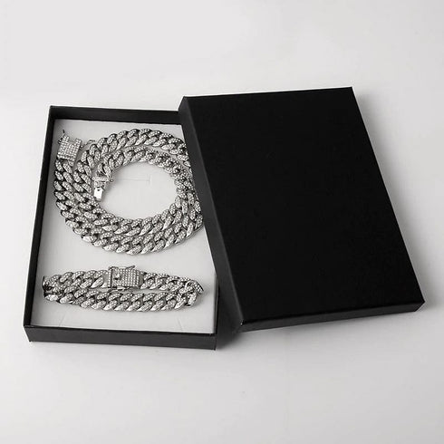 18k Gold/Silver Cuban Link Chain Set – Iced Out Necklace & FREE Bracelet
